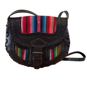 Handmade Brown Leather Tooled Crossbody Bag Woven Textile Boho Saddle Bag